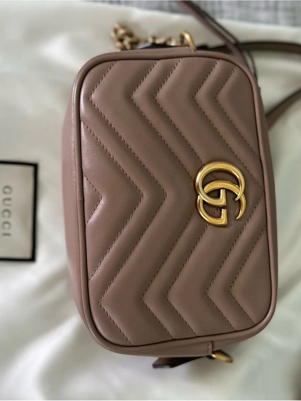 Gucci Leather Matelassé Mini Crossbody in Taupe Brown with matching wallet